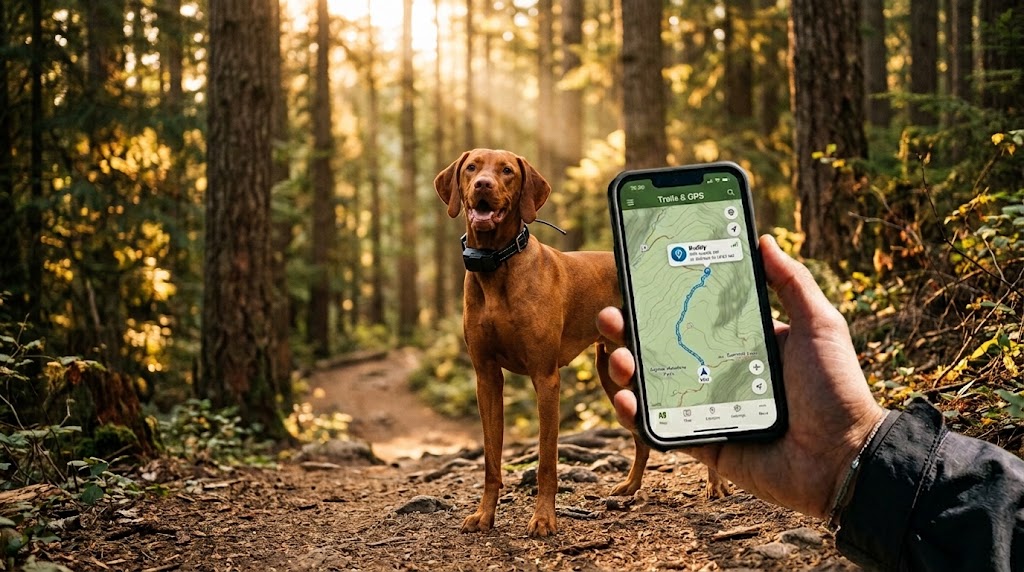 Point of view of a hiker holding a smartphone displaying a GPS tracking map, while a Vizsla dog wearing a black GPS collar stands on a sunlit forest trail in the background.
