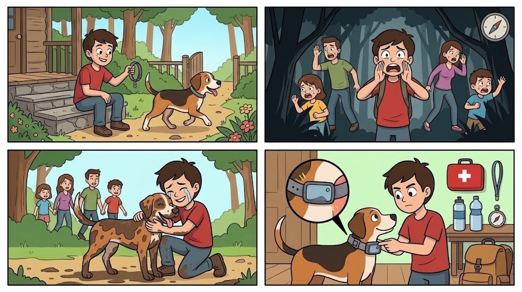 Four-panel comic: a family takes their dog's collar off at a mountain vacation cabin, the dog slips away into the woods, the family searches for him together, and afterward they fit him with a GPS collar.