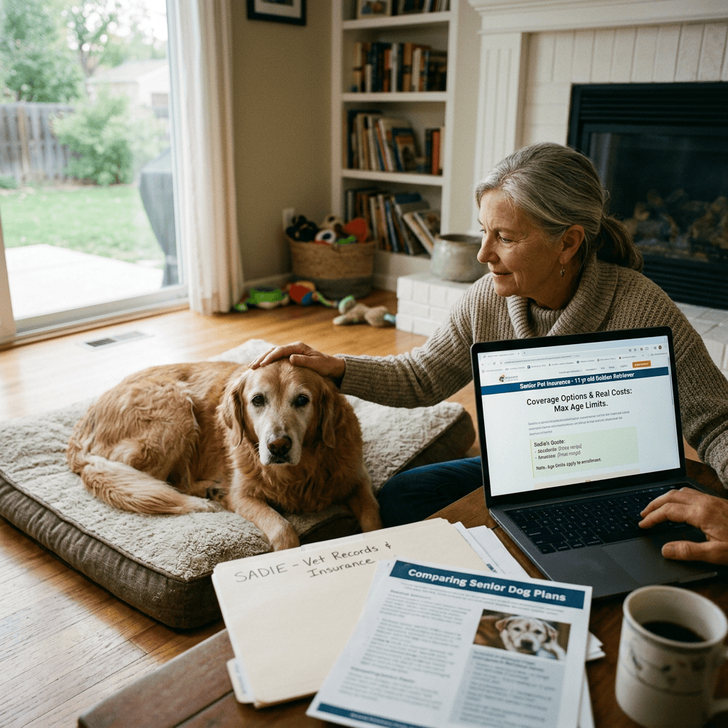 Person reviewing senior pet insurance for a golden retriever; documents read “SADIE – Vet Records & Insurance” and “Comparing Senior Dog Plans.”