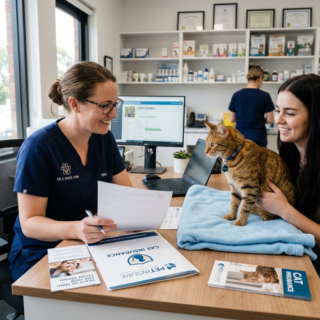 Veterinarian and owner discussing cat insurance while holding a tabby cat