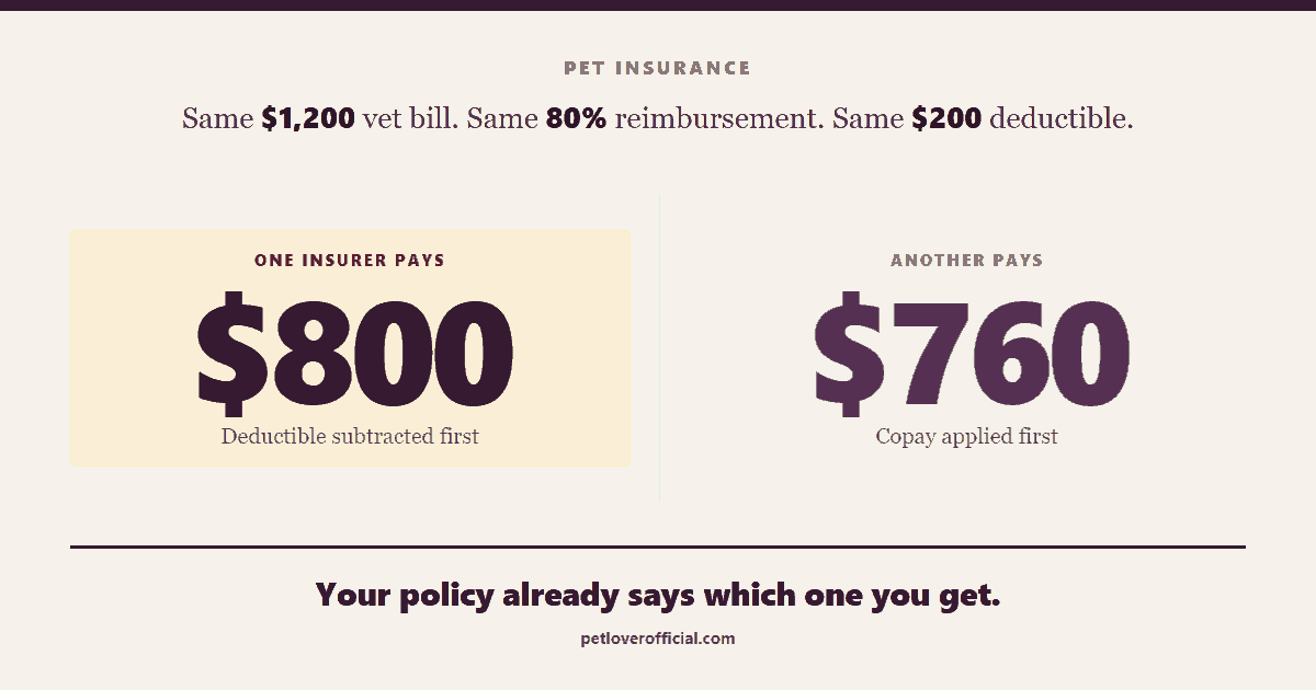 Same $1,200 vet bill, 80% reimbursement and $200 deductible: one insurer pays $800, another pays $760