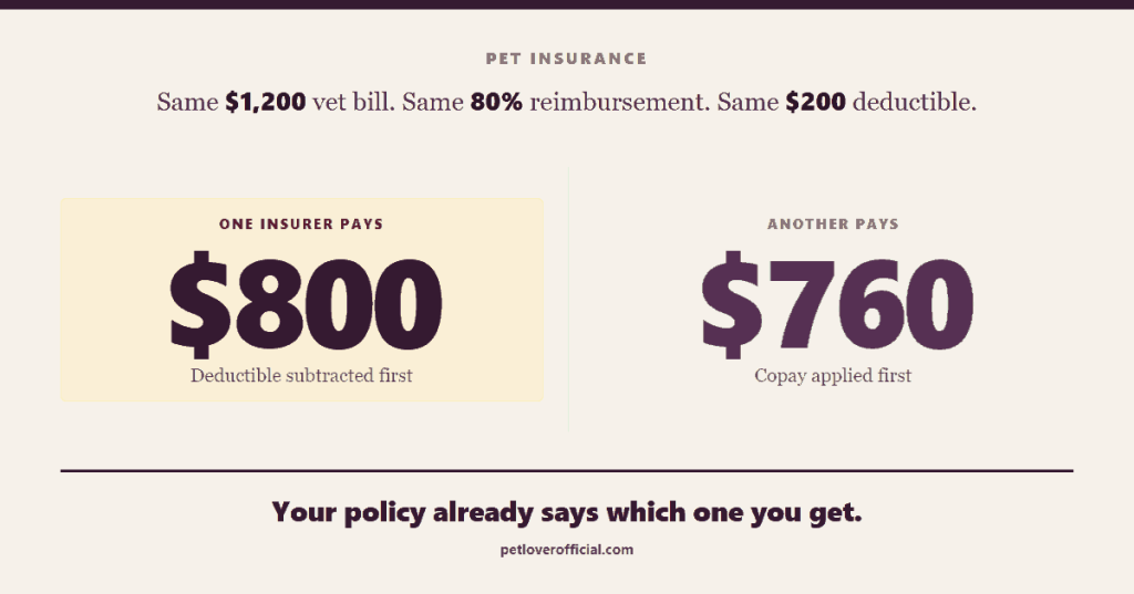 Same $1,200 vet bill, 80% reimbursement and $200 deductible: one insurer pays $800, another pays $760