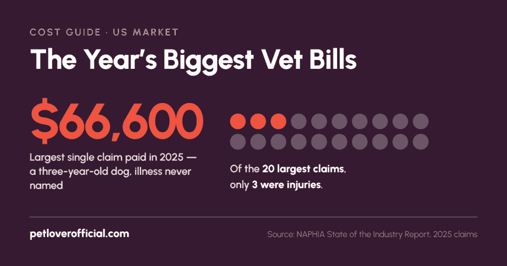 The largest US pet insurance claim paid in 2025 was $66,600; of the twenty largest claims, only three were injuries